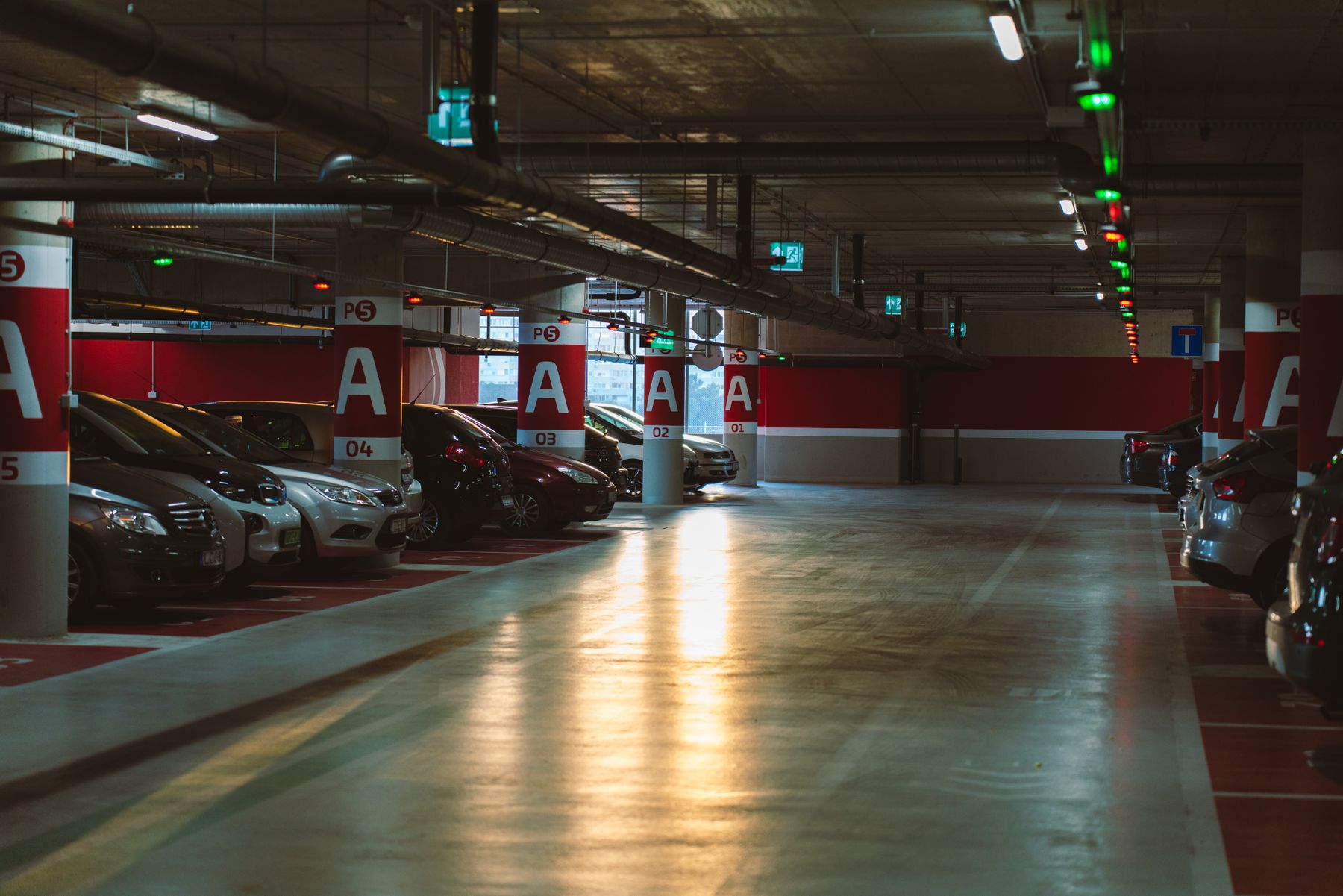 Bright, modern parking garage with organized driving lanes